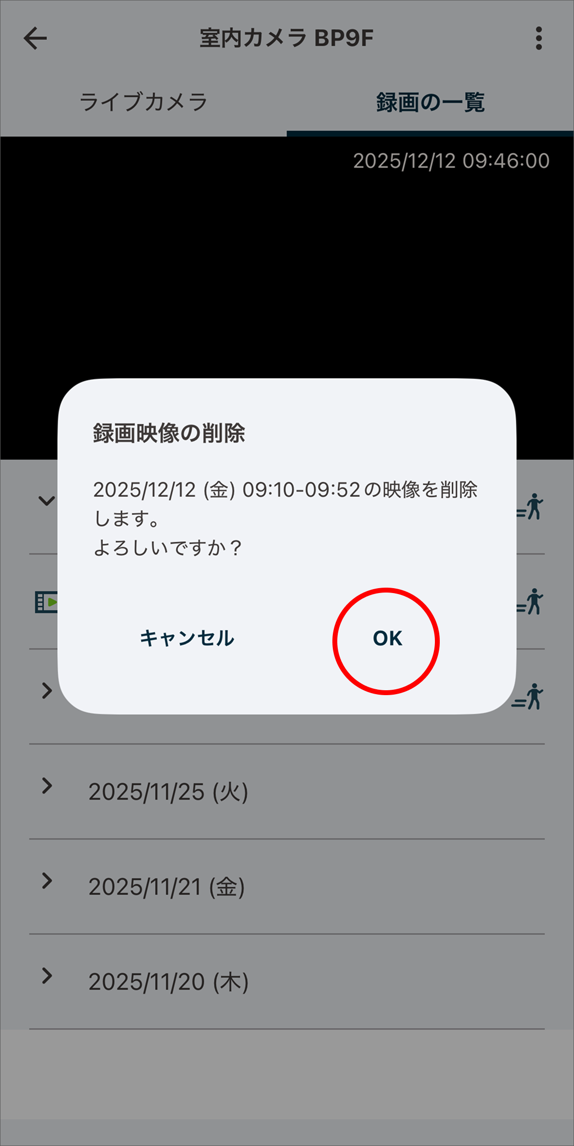 録画映像の削除ダイアログが表示されます。「OK」をタップします。