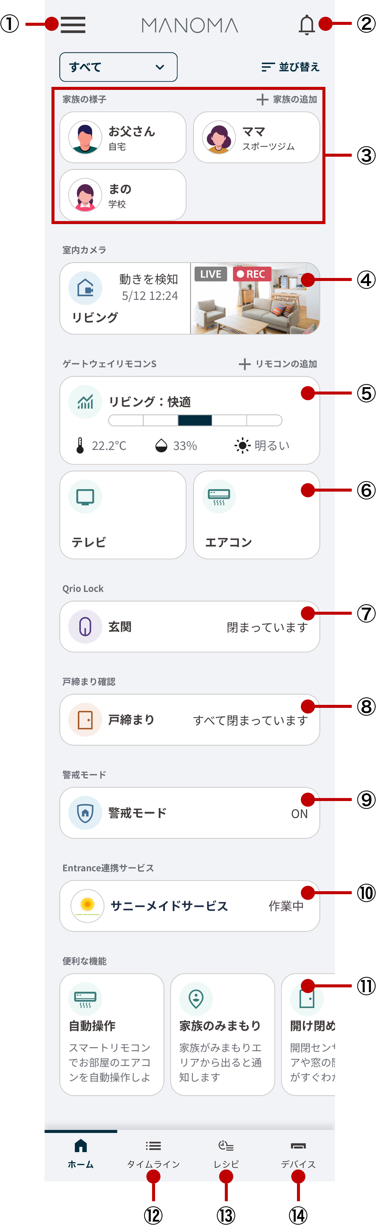 ホーム画面では、スクロールするだけで、家族や家の状態がひと目で分かります。