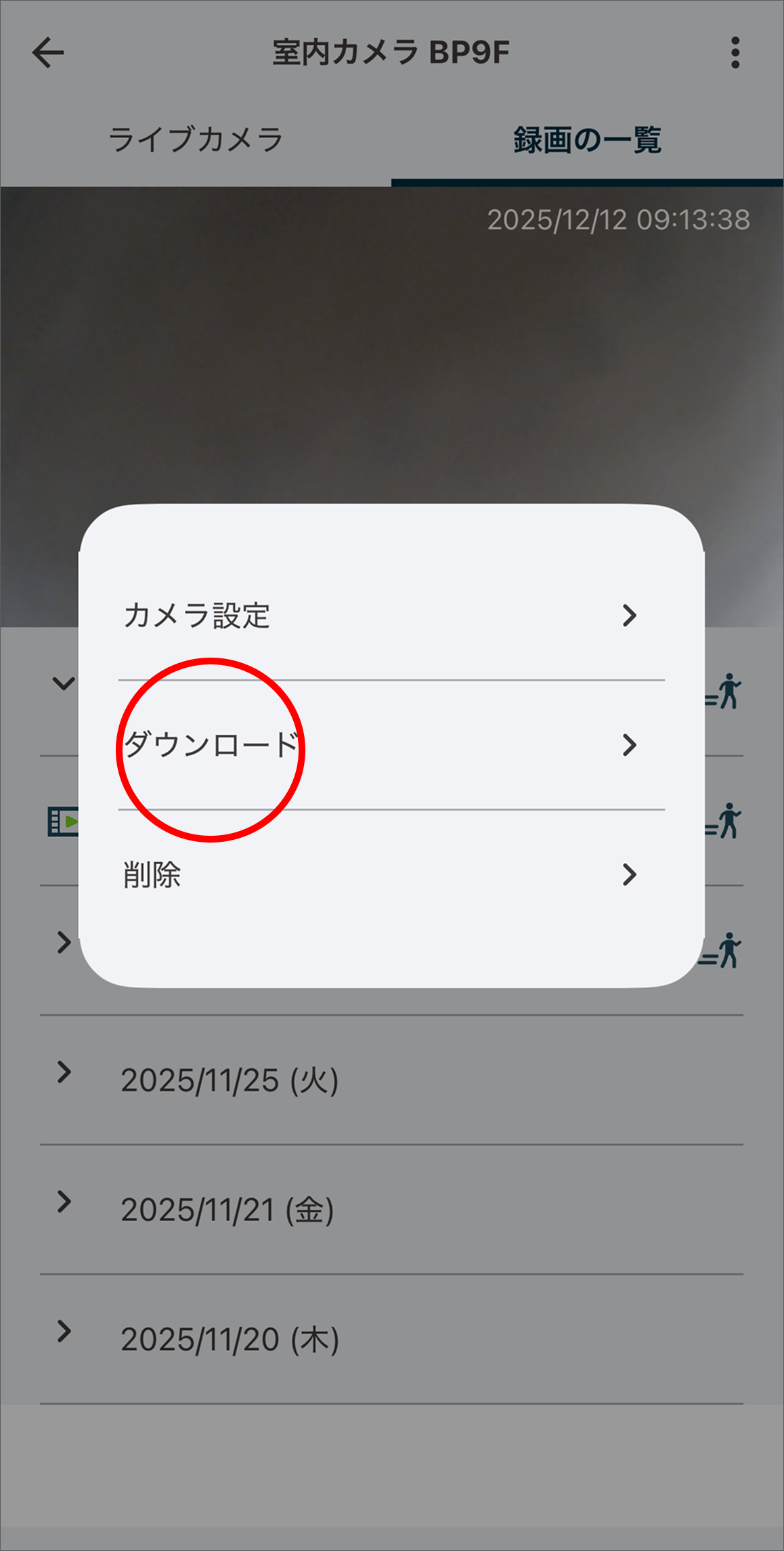 オプションメニューで「ダウンロード」をタップします。